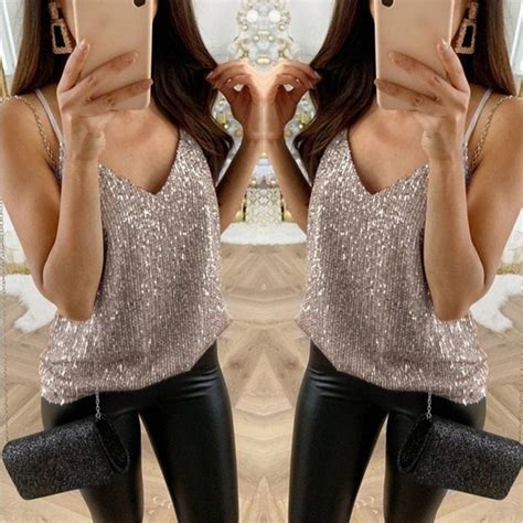 Chiccall Sequin Tops For Women Sexy V Neck Sleeveless Shirt Plus Size Shimmer Cami Vest Glitter