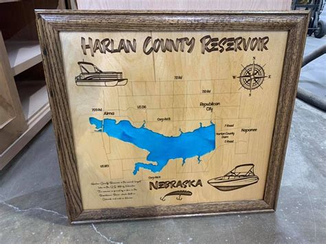 Harlan County Reservoir, Nebraska Custom Laser Engraved Lake Map with ...