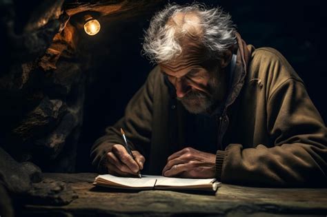 Premium Photo Old Man Writing His Memoir Journal In A Dark Cave