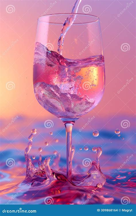 Rose Wine Pouring In Glass Holographic Glowing Neon Lights Color Aesthetics Drops And