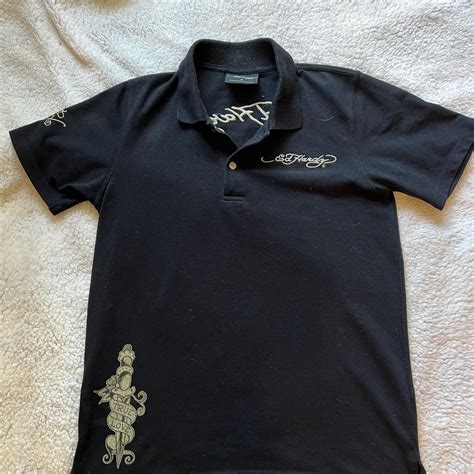 Ed Hardy Men S Black And Gold Polo Shirts Depop