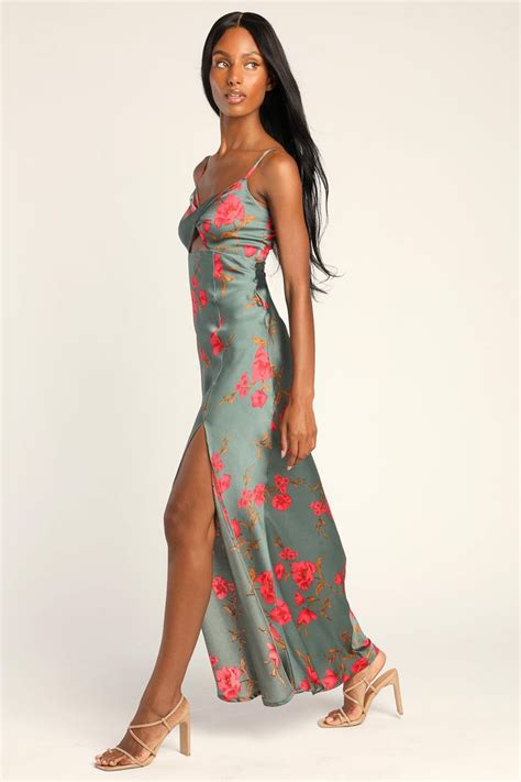 Fit For The Fete Sage Green Floral Satin Maxi Dress Satin Maxi Dress