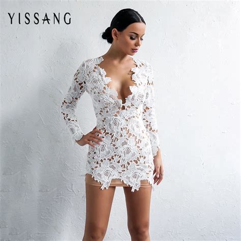 Yissang Women Lace Dress White Sexy Ladies Hollow Out Long Sleeve V Neck Elegant Above Knee