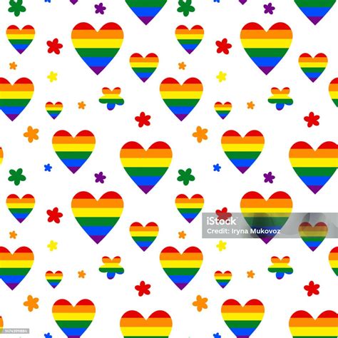 Rainbow Striped Hearts And Colorful Flowers Seamless Pattern For Lgbt Pride Month Stock