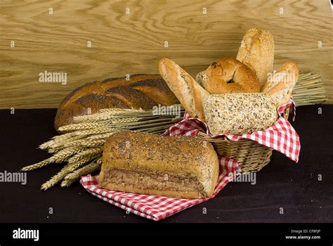 Variety Of Different Freshly Baked Bread In Baskets Stock Photo Alamy