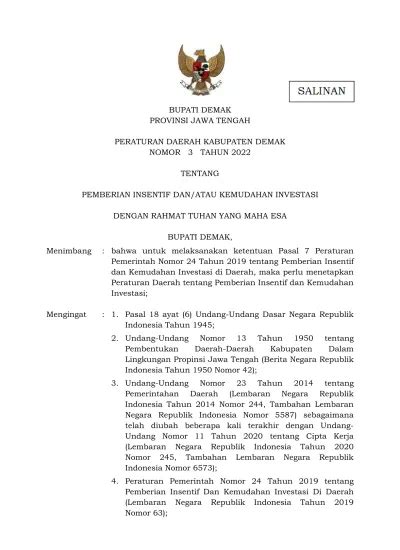 BUPATI DEMAK PROVINSI JAWA TENGAH PERATURAN DAERAH KABUPATEN DEMAK