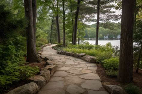 Natural Stone Pathway Winding Among Trees Leading To A Serene Lake