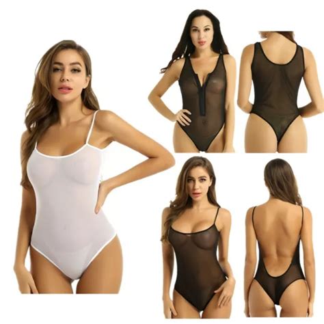 WOMEN SHEER SEE THROUGH Leotard Thong Bodysuit Catsuit Teddy Nightwear