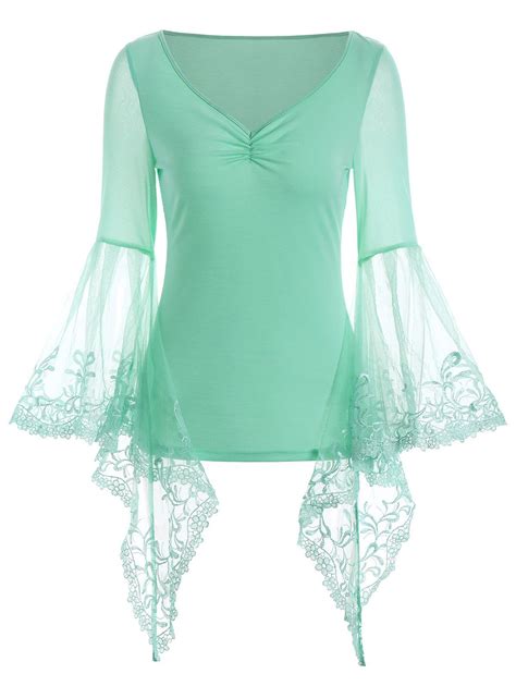 17 OFF 2021 V Neck Bell Sleeve Sheer Lace Panel T Shirt In CLOVER