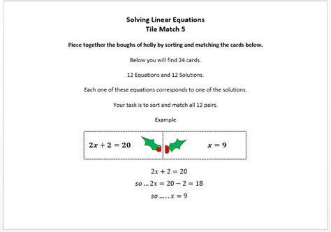 Ks3 Ks4 Gcse Christmas Algebra Solving Linear Equations Tile Match