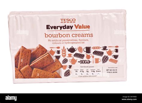 Packet Of Tesco Own Brand Everyday Value Bourbon Cream Biscuits Stock