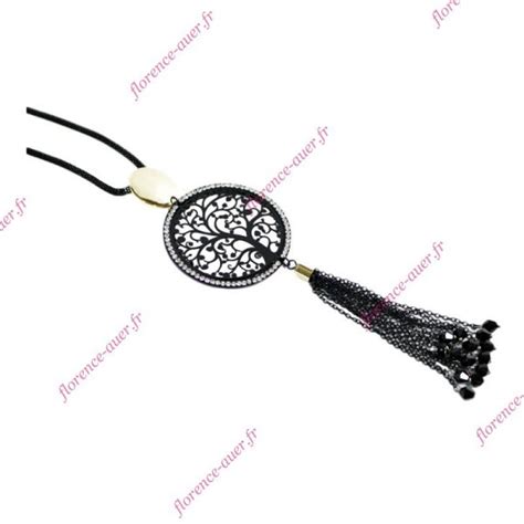 Collier Long Sautoir Arbre De Vie M Tal Noir Ajour Pompon Simili Diamants