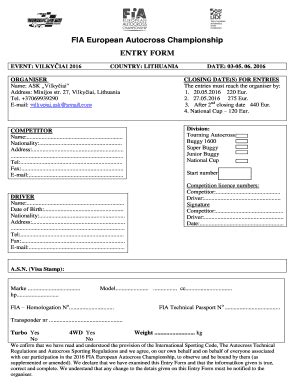 Fillable Online FIA European Autocross Championship ENTRY FORM Fax