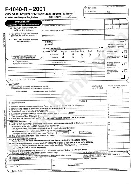 Form F 1040 R Resident Individual Income Tax Return City If Flint