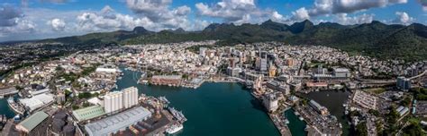 Panoramic Aerial View Of Buildings Around Caudan Waterfront Harbor And