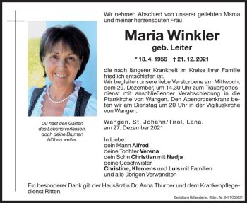 Traueranzeigen Von Maria Winkler Trauer Bz