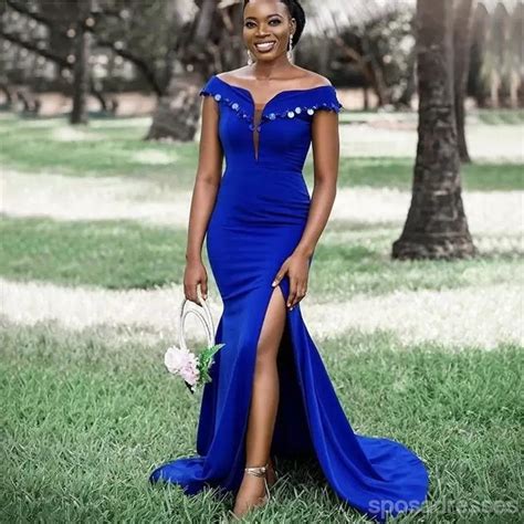 Royal Blue Mermaid Off Shoulder V Neck Cheap Long Bridesmaid Dresses W