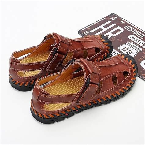 Geometric Outdoor Brown Mens Casual Shoes Leather Sandals Touchy Style Mens Sandals Casual