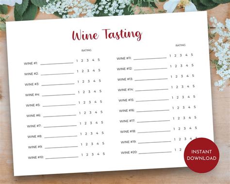 Wine Tasting Sheet 20 Wines Score Card Wine Tasting Card Printable