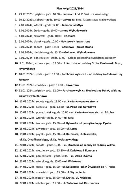 Plan Kolęd 2023 2024 Parafia Parchowo