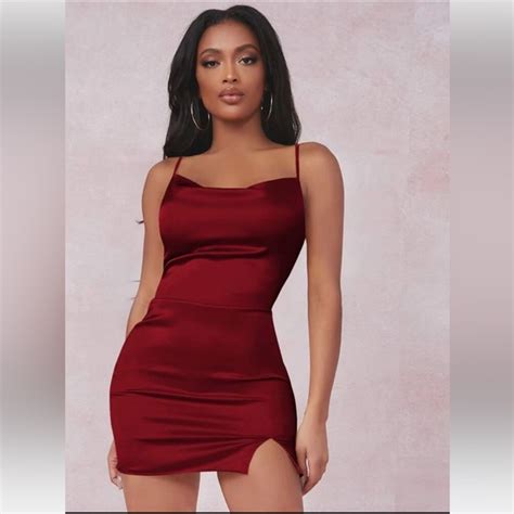 Shein Dresses Shein Burgundy Sexy Split Satin Cami Bodycon Dress