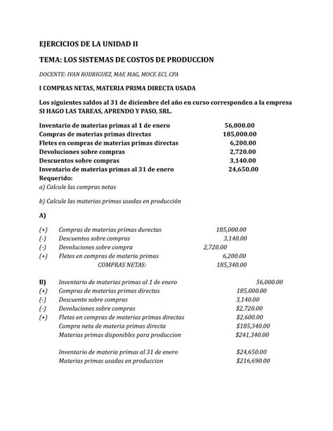 Tarea Ejercicios De La Unidad Ii Ejercicios De La Unidad Ii Tema Los Sistemas De Costos De