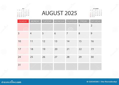 August 2025 Template Calendar 2025 Design Vector Planner Layout Week