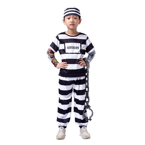 Prisoner Jail Halloween Costume With Tattoo Sleeve And Toy Handcuffs F