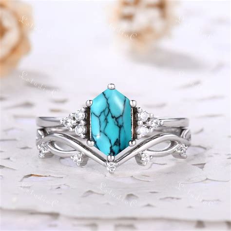 Long Hexagon Turquoise Ring Set 2pcs White Gold Moissanite Cluster