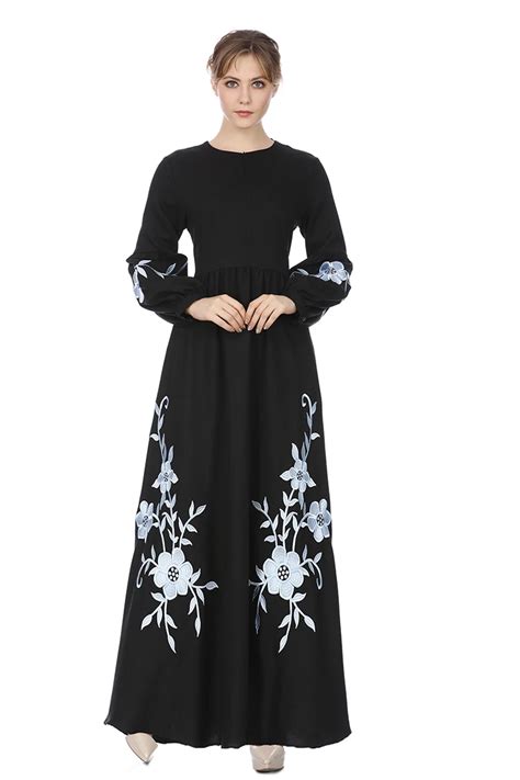 Embroidery Flowers Muslim Maxi Dress Chiffon Islamic Women Long Loose