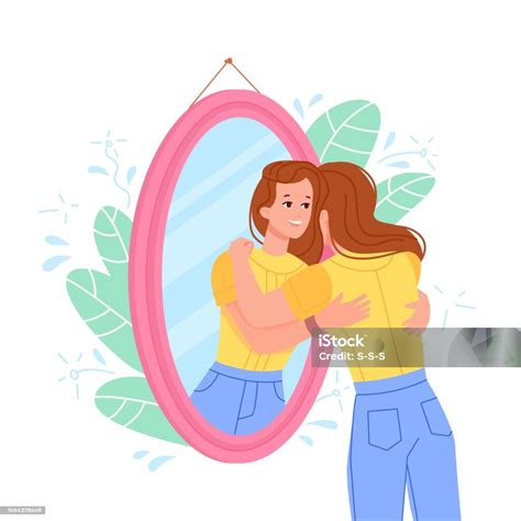 Hug Self In Mirror Woman Model Hugging Own Reflection Esteem Accept Yourself Body And Soul Proud