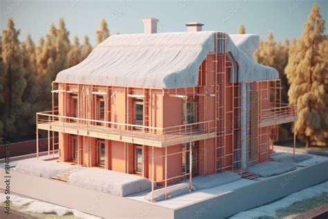 concept of construction. 3d render of a house in the process of construction. Thermal insulation ...