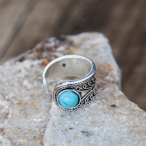 1pc Bague Ouverte En Turquoise Synthétique Texturée De Style Bohémien