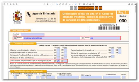 Agencia Tributaria Modelo 030 Solicitud de NIF de persona física sin