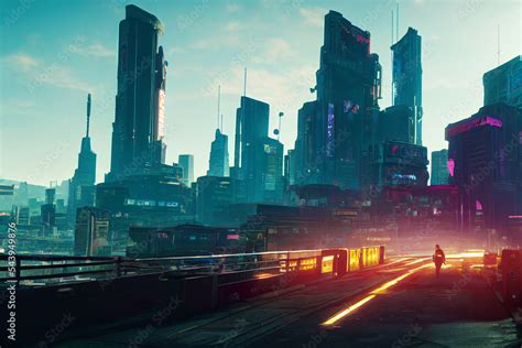 Concept art illustration of skyline of cyberpunk city Stock ...