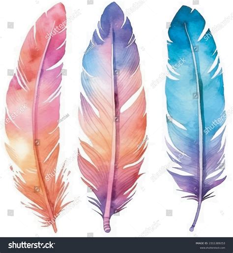 Boho Detailed Watercolor Feather Sets Hand Stock Vector (Royalty Free
