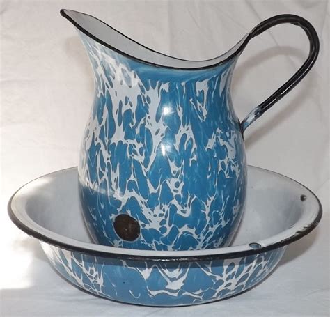 Vintage Blue White Swirl Graniteware Enamelware Pitcher Basin Set