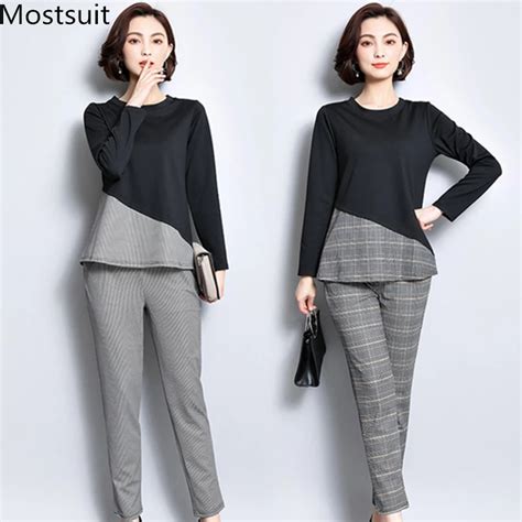 L 5xl Two Piece Set Women Plaid Long Sleeve Tops Pants Trousers Sets