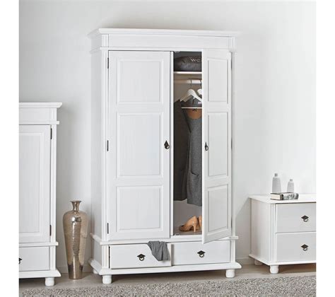 Armoire Portes Tiroirs Bois Massif Vernis Blanc Tristan Armoire But