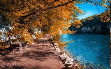 Landscape Nature Fall Path River Plitvice National Park Croatia Bench Trees Blue Water Yellow