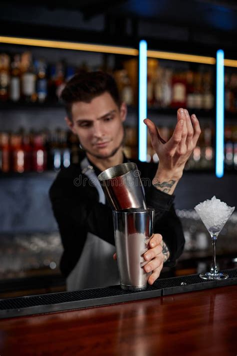 Barman Shaking Tasty Cocktail At The Bar Stock Image Image Of