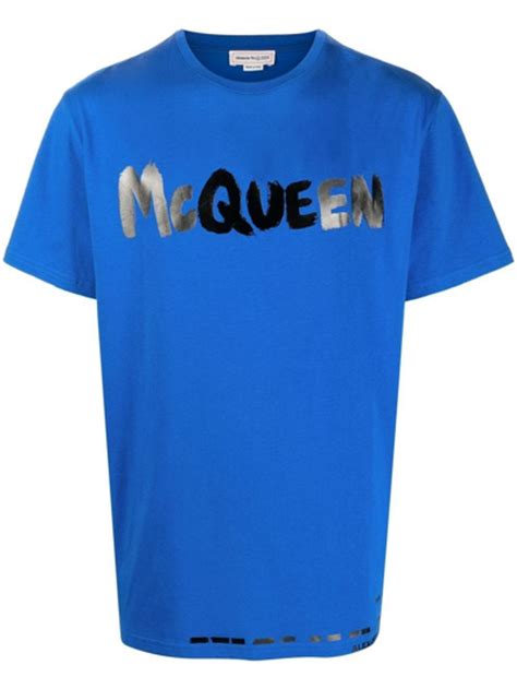 Alexander Mcqueen Logo Print Blue Cotton T Shirt Whats On The Star