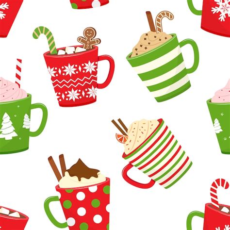 Premium Vector Christmas Seamless Pattern With Hot Cocoa Cartoon Mugs With Holiday Drinks