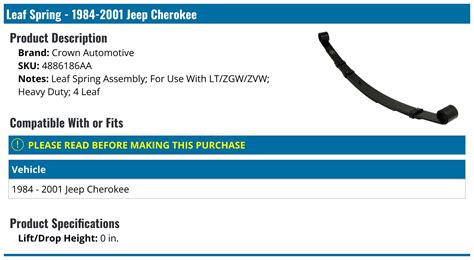 1984 2001 Jeep Cherokee Leaf Spring Crown Automotive 4886186aa