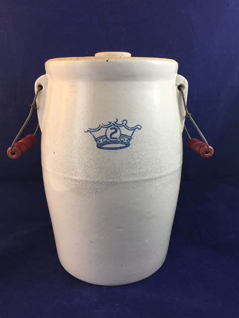 Antique Stoneware Crown 2 Gallon Covered Crock With Wooden Etsy