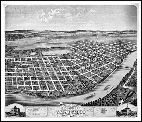 Saint Cloud Minnesota Vintage Map Birds Eye View 1869 Black and White ...