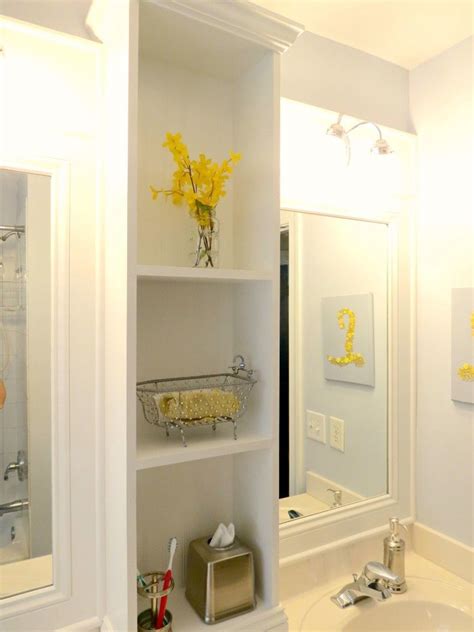 Bathroom Update And Makeover With Shelving Between Two Mirrors