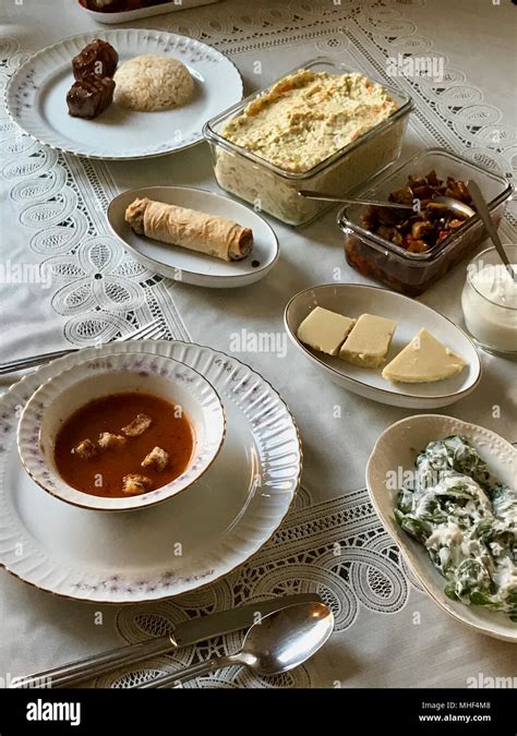 Homemade Turkish Food Tarhana Soup Borek Favai Meat And Rice Pilav Or