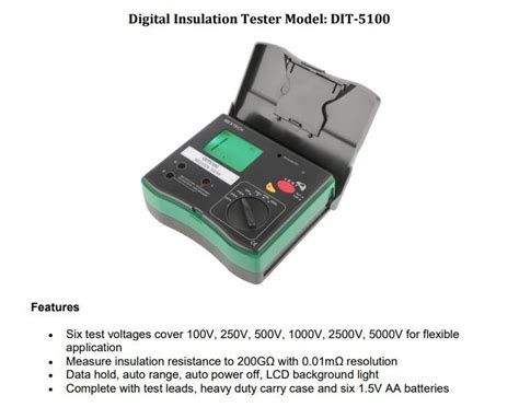 2000 Mega Ohms Black Digital Insulation Tester Model DIT 5100