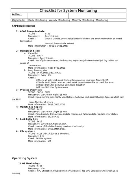 checklist  system monitoring